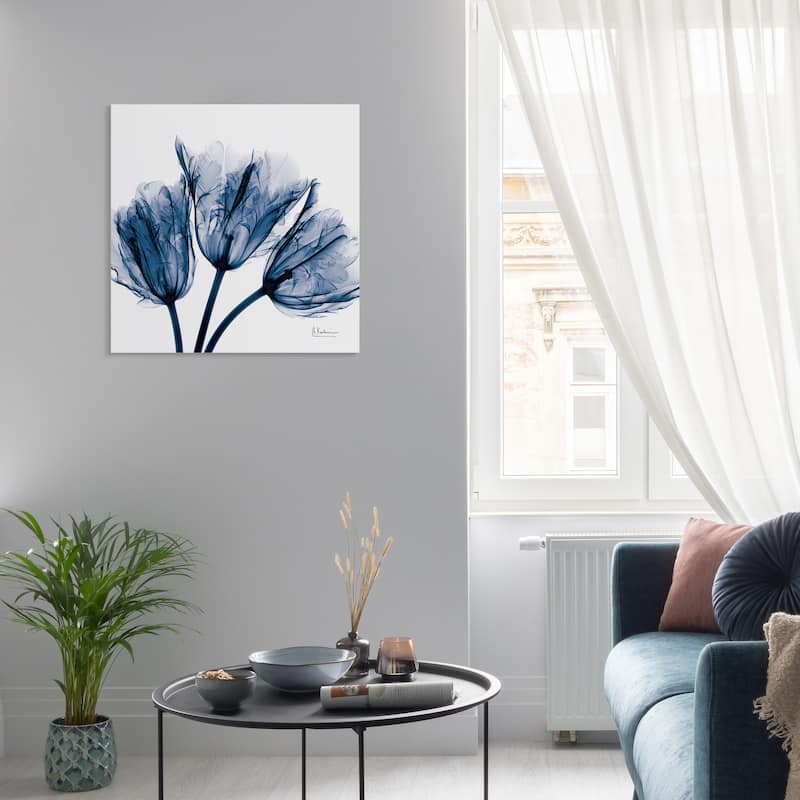 "Blue Tulip x-ray" Flower Wall Art on Frameless Free Floating Tempered Glass Panel