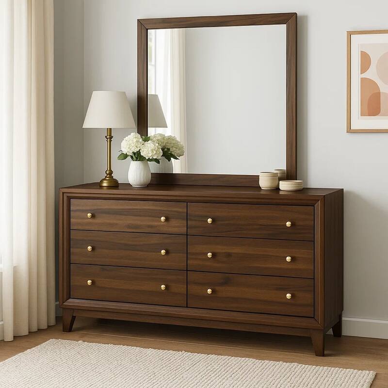 Yels Wide Dresser with Matching Mirror, 6 Drawers, Walnut Brown Wood