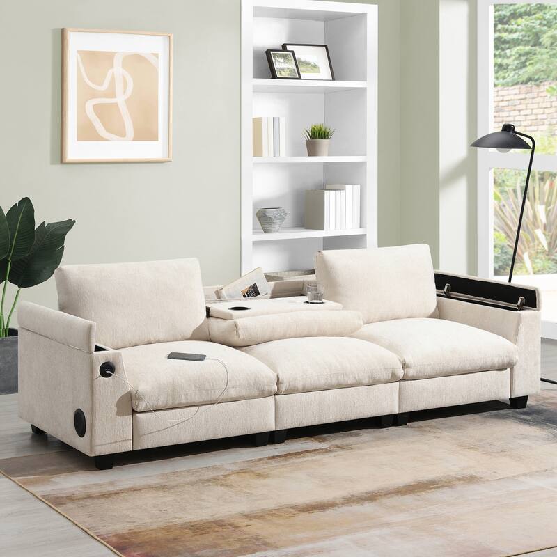 96" Chenille Smart Sectional Sofa with Bluetooth & USB - Beige
