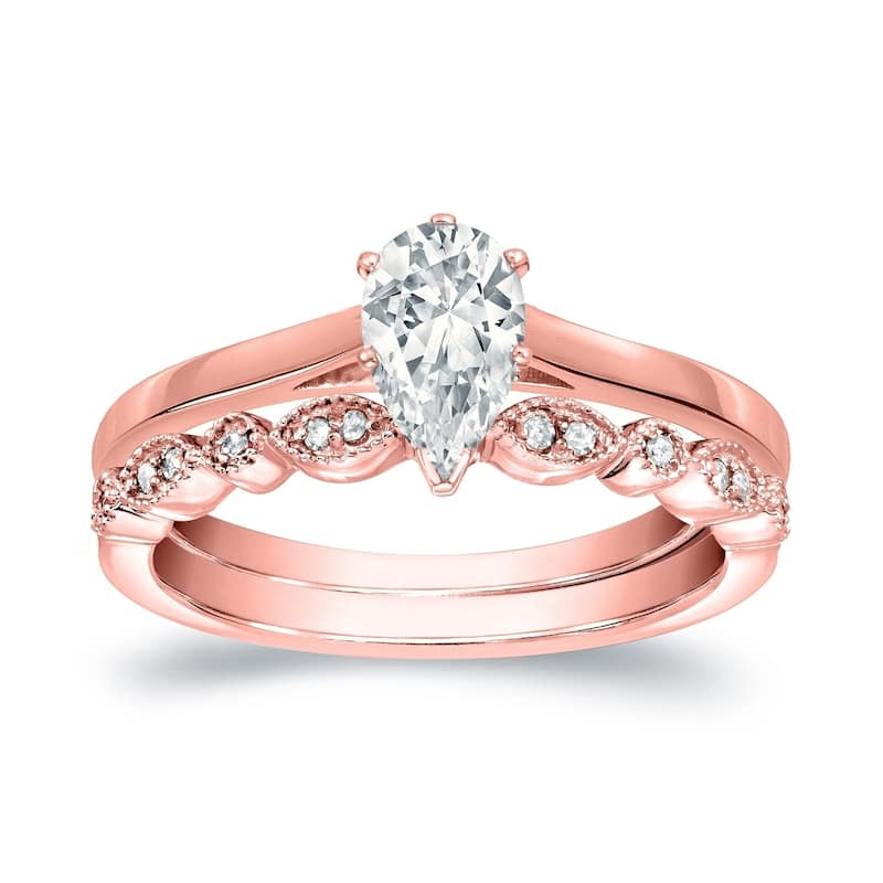 Auriya 14k Gold 1/2ctw Vintage Pear Shape Solitaire Diamond Engagement Ring Set - Rose - 6.5