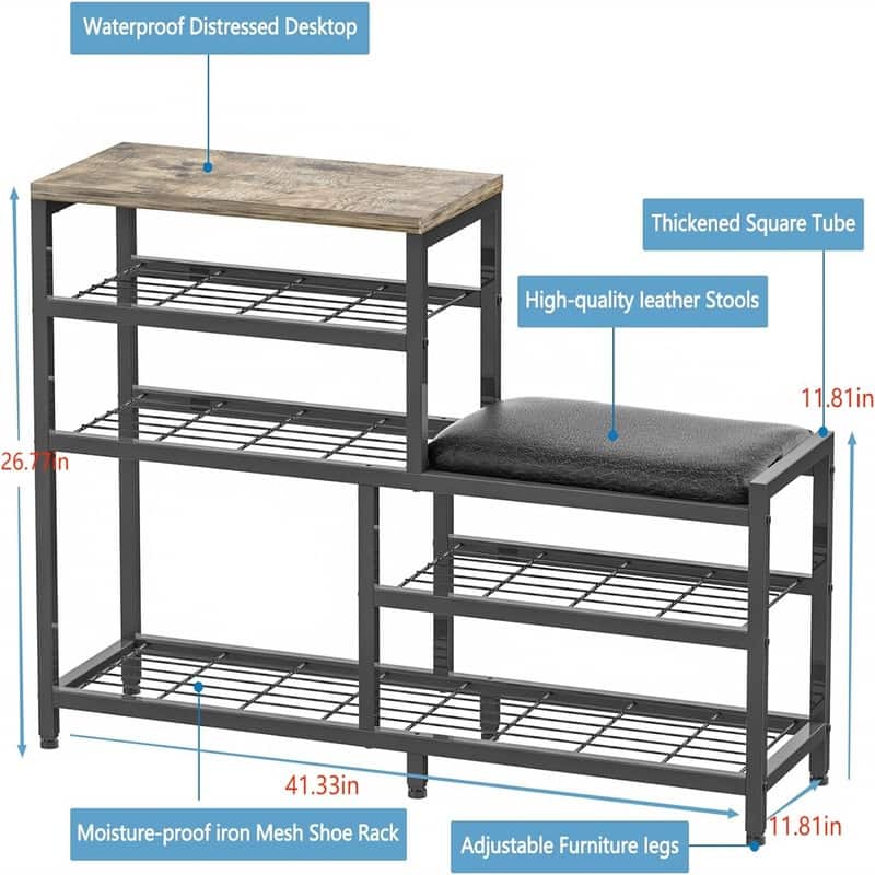 5-Tier Shoe Rack Bench with Seat - 41.33"L x 11.8"W x 26.77"H