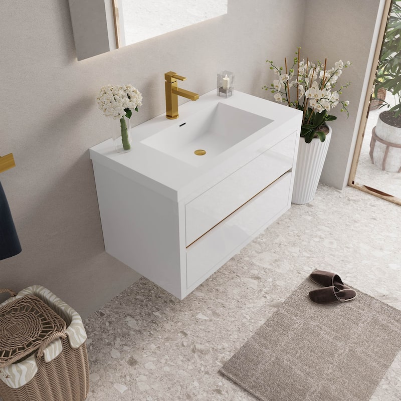 36" White Wall-Mounted Bathroom Vanity with Soft Close Drawers and Top - White