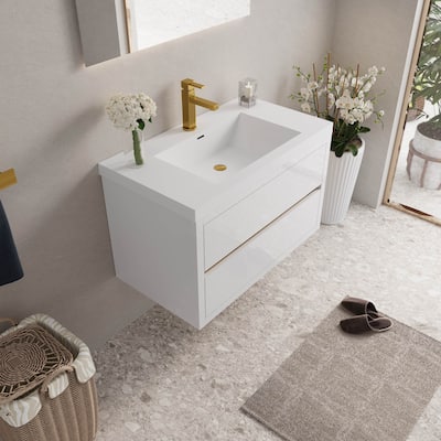 36" White Wall-Mounted Bathroom Vanity with Soft Close Drawers and Top