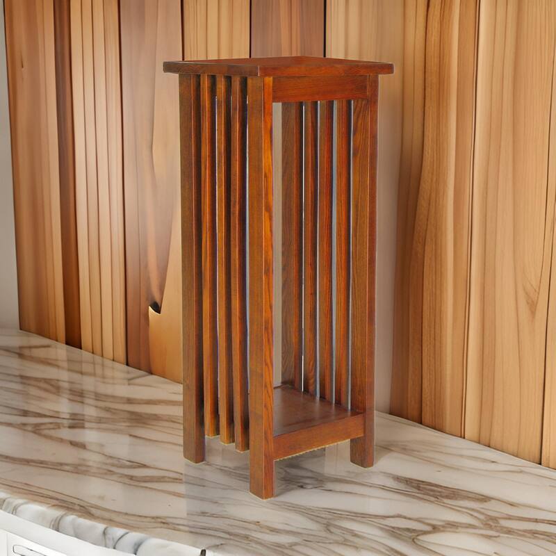 30 Inch Wooden Flower Stand with Bottom Shelf and Slatted Sides, Brown