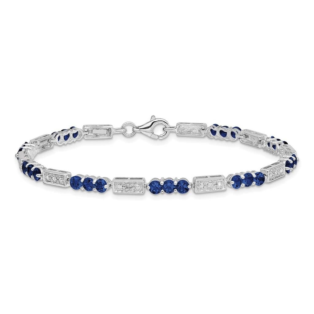Curata 925 Sterling Silver Rhodium Vintage Aquamarine, Tanzanite or Sapphire and Diamond Bracelet