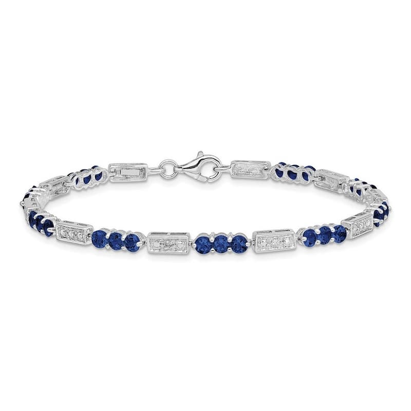 Curata 925 Sterling Silver Rhodium Vintage Aquamarine, Tanzanite or Sapphire and Diamond Bracelet