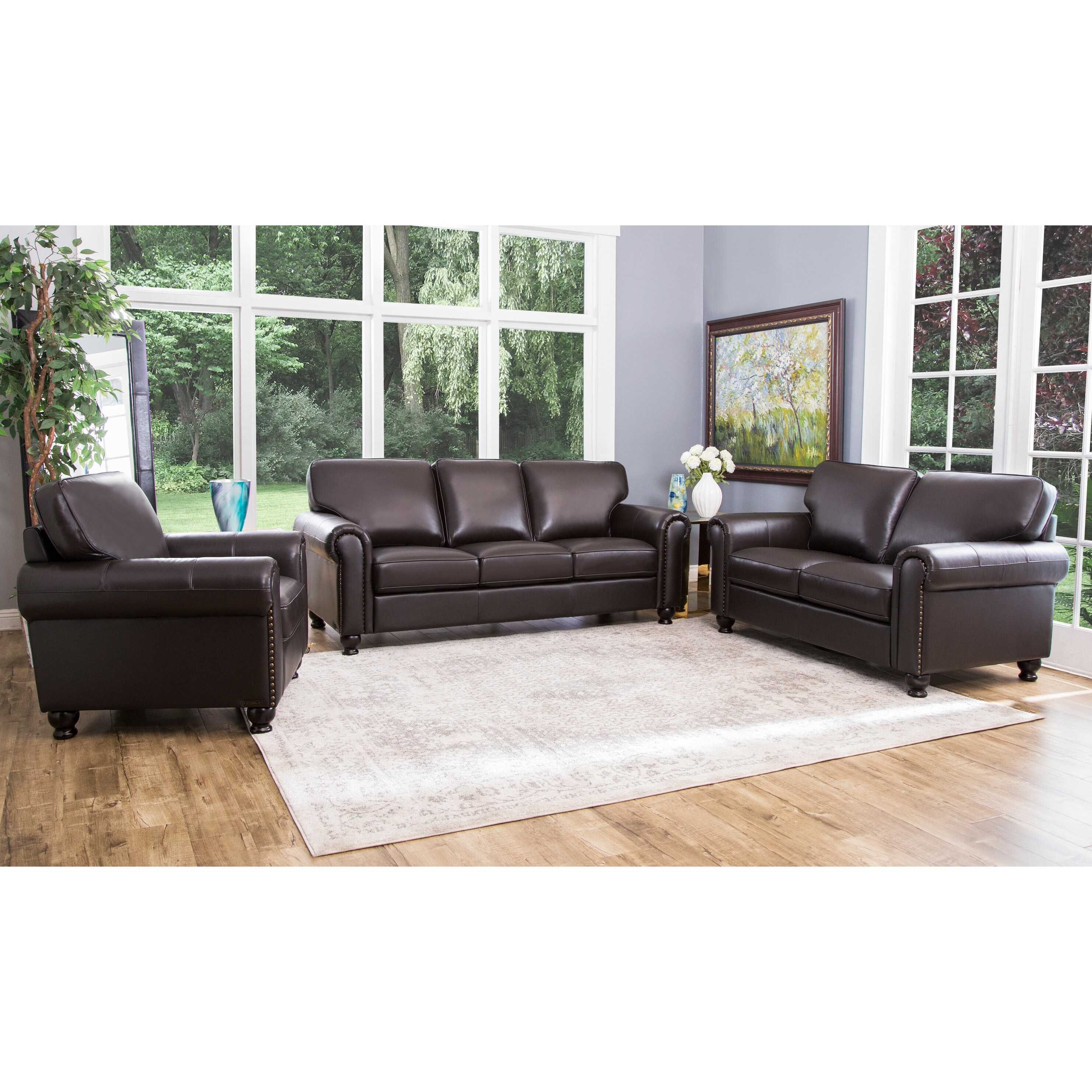 Shop Abbyson London Brown Top Grain Leather 3 Piece Living Room