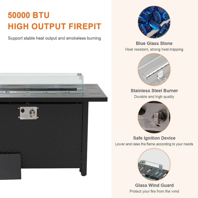 Outdoor 50000 BTU Rectangular 45” Propane Fire Pit Table with Glass Wind Guard for Patio, Deck, Backyard, Black