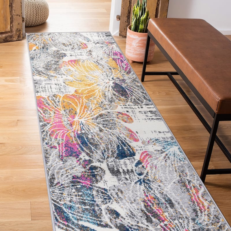 World Rug Gallery Modern Large Floral Distressed Area Rug - 2' x 7' - Multi - Runner