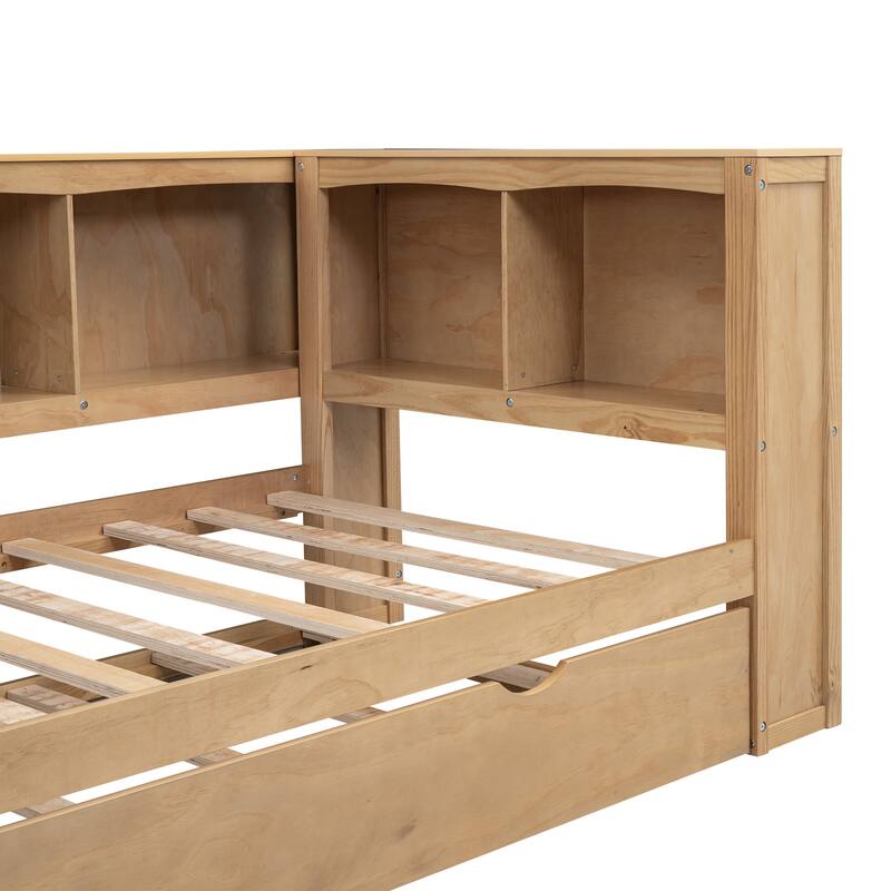 Natural Twin Size Daybed with Trundle and L Shaped Bookcases, Twin