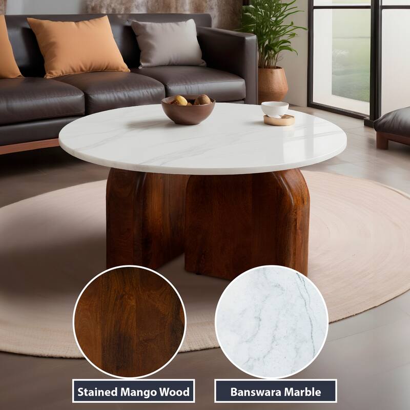 Modern 36" Round Coffee Table - Solid Mango Wood Base and Real White Marble Top, Natural Dark Finish