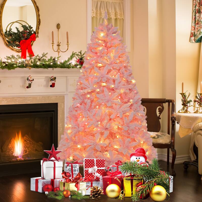 Gymax 6FT Pink Artificial Christmas Tree Pre-lit Hinged Snow Flocked - 6 Foot
