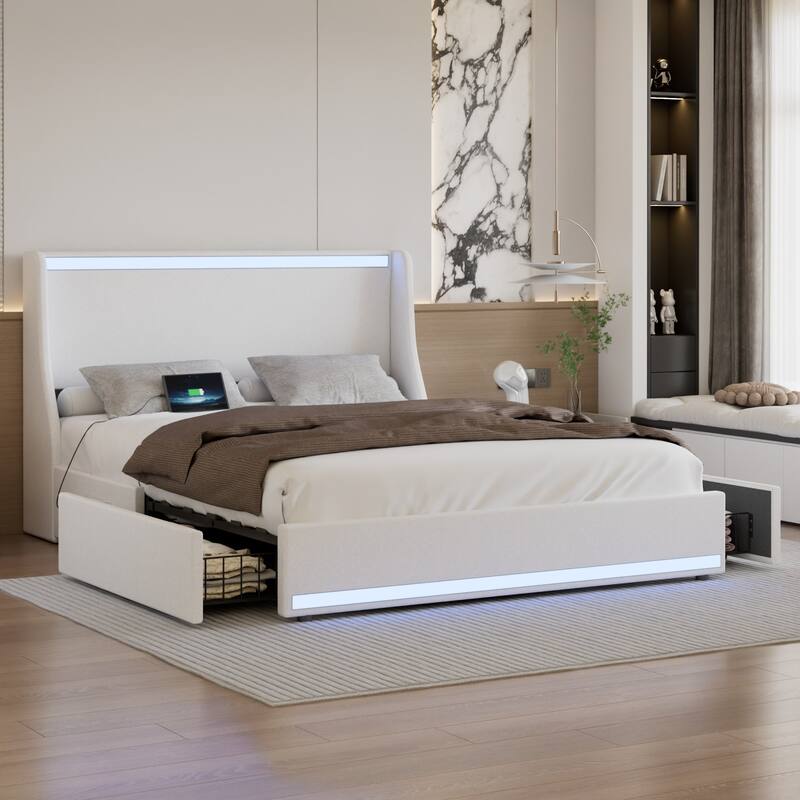 Javlergo Bed Frame with LED Lights and Charging Station Linen Fabric Bed with Drawers Wooden Slats