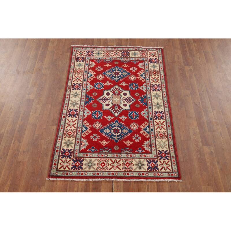 Geometric Red Kazak Accent Rug Handmade Wool Carpet - 3'4" x 5'3"