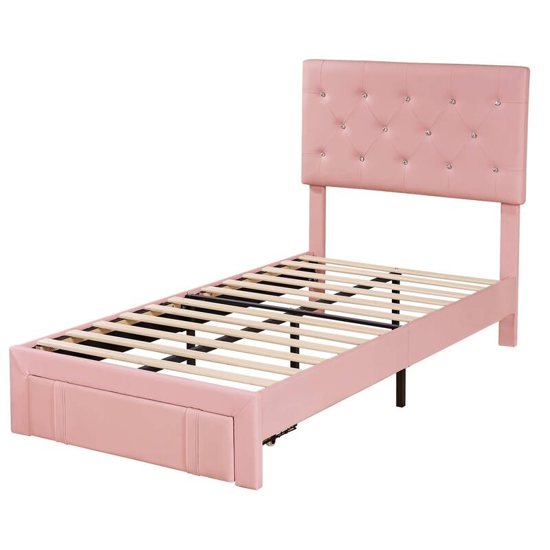 VECELO Bed Frame with Storage Drawers Leather Upholstered with Diamond Tufted Headboard Solid Wood Slat Support