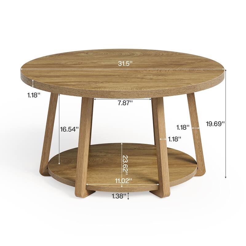 2-Tier Round Coffee Table with Storage, Wood Center Table, Side Table for Living Room, Bedroom
