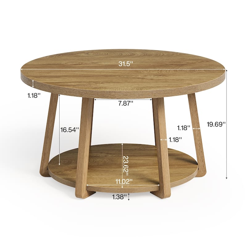 Round Coffee Table, 2-Tier Center Table with Storage, Wooden Legs