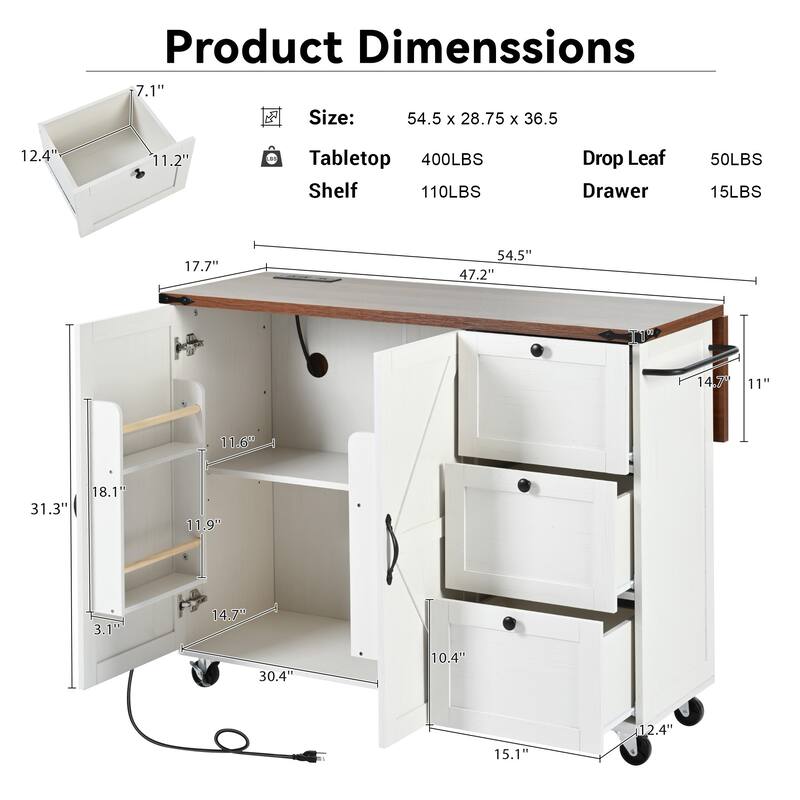 54.50'' Particle Board Farmhouse Kitchen Island with Power Outlet, Drop Leaf, Spice Rack, Rolling Wheels and 3 Drawers