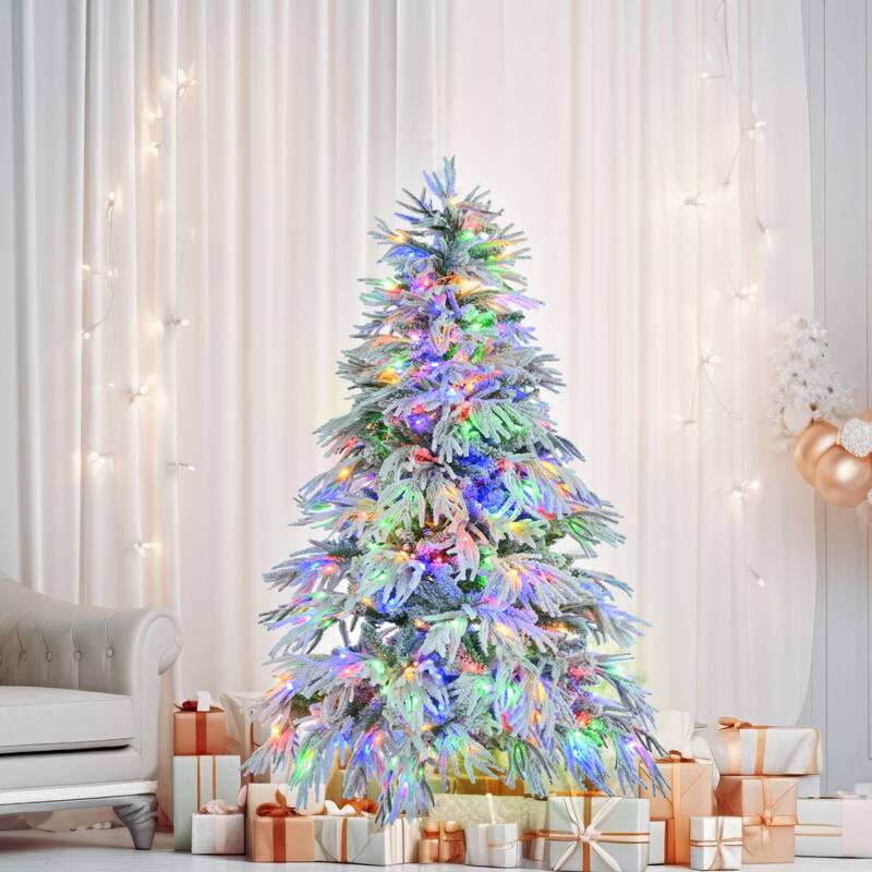 6ft/7.5ft Pre-Lit Snow Flocked Christmas Tree with Multi-Color LED Lights & Snow Tips