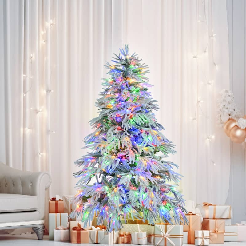 Full 6ft Pre-Lit Snow Flocked Christmas Tree, 300 Multi-Color LED Lights & 790 Branch Tips - Perfect Holiday Decor