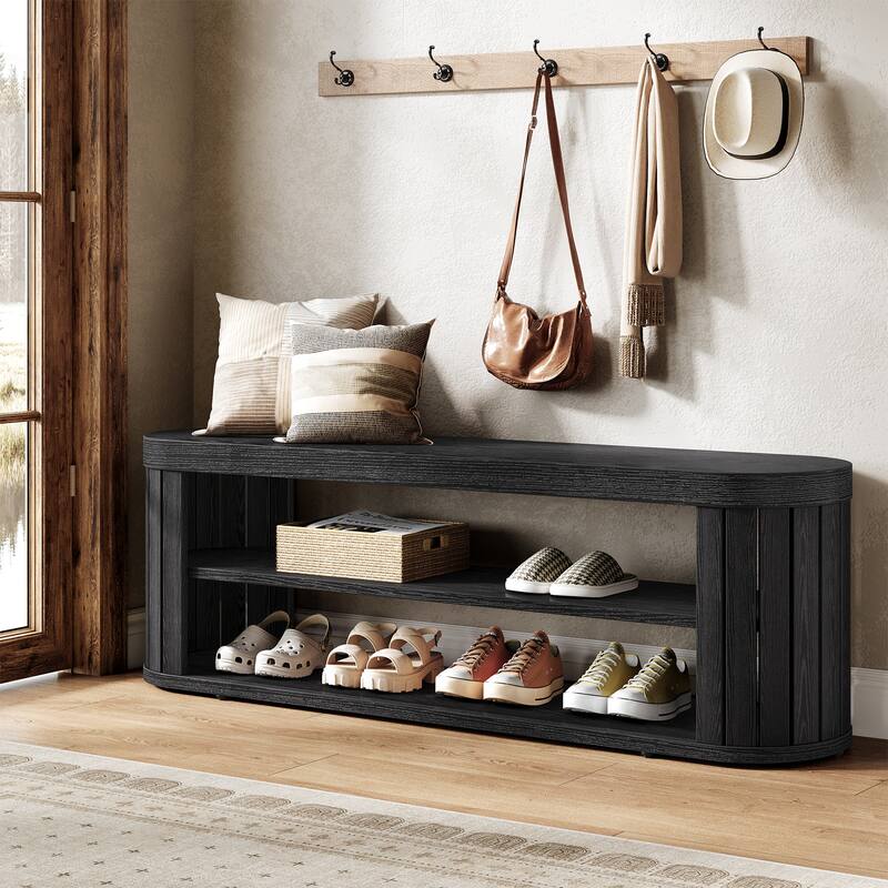 47.2" Entryway Bench with 2-Tier Shoe Storage, Farmhouse Dining Bench - Black