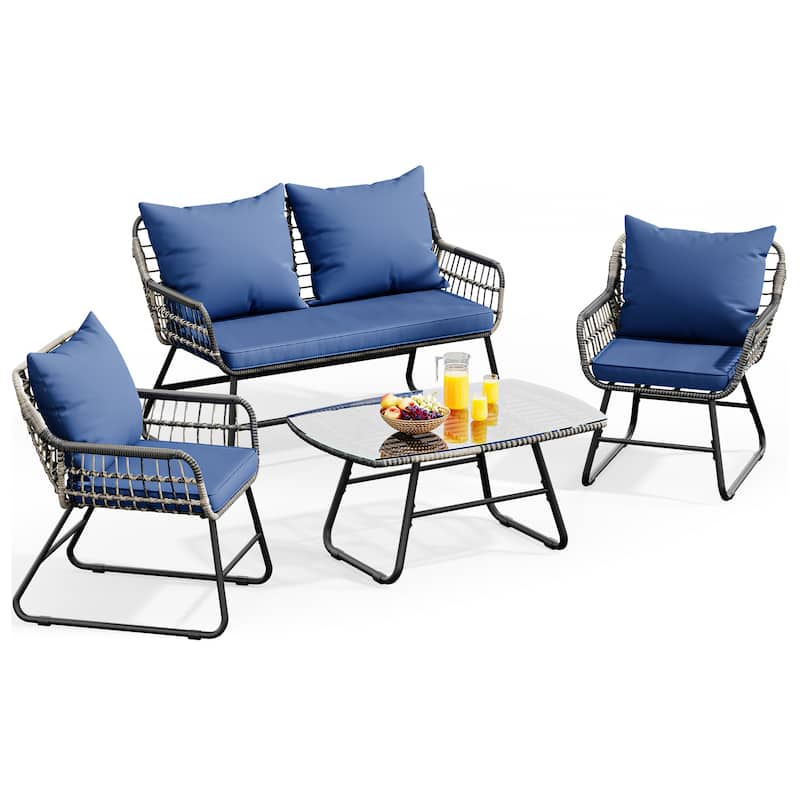 Moasis 4-Piece All-Weather Rattan Conversation Loveseat Chairs Wicker Outdoor Bistro Set