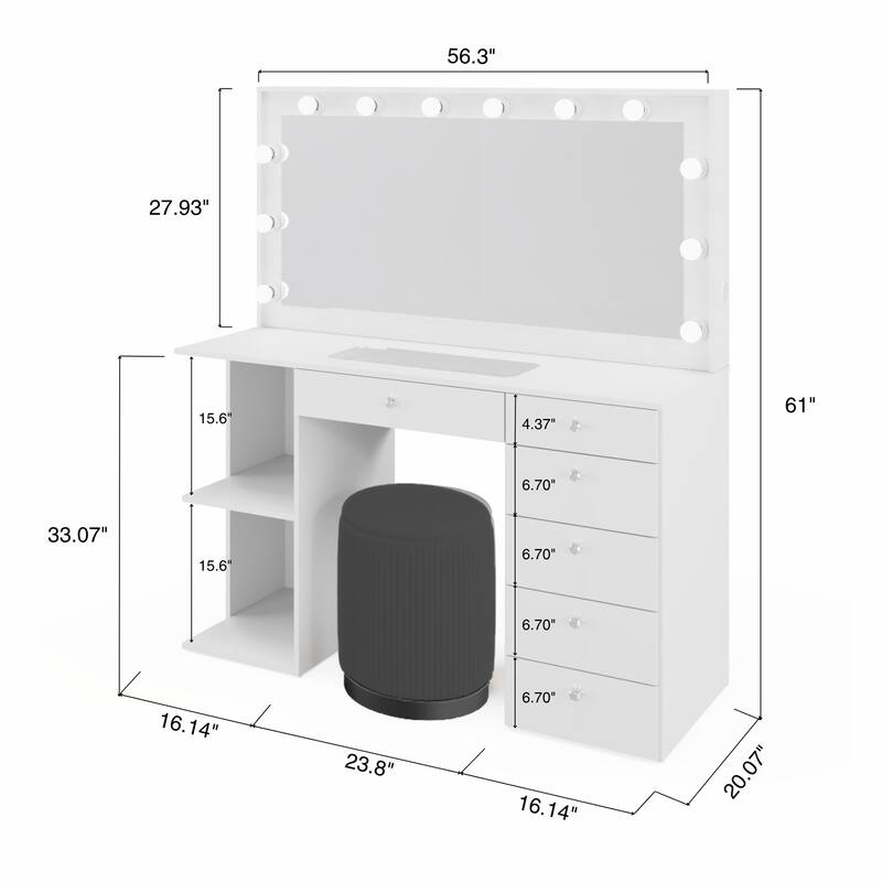 Makeup Vanity Desk w/ Free Black Storage Ottoman, 12 LED Bulbs Mirror, 6 Drawers, Glass Top, Crystal Knobs, USB, 110V Outlet