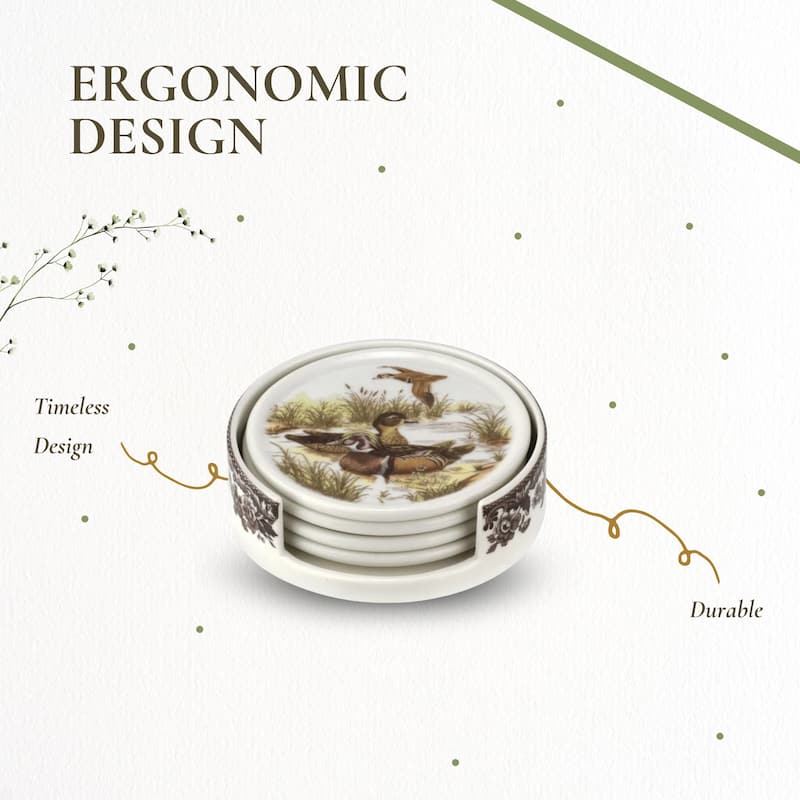 Spode Woodland Set of 4 Ceramic Coasters with Holder - Multicolor - 3.75 Inches