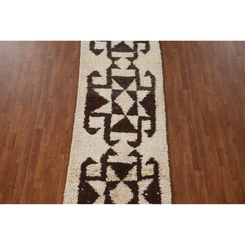 Anatolian Turkish Runner Rug Handmade Geometric Beige Wool Carpet - 3'3"x 12'5"