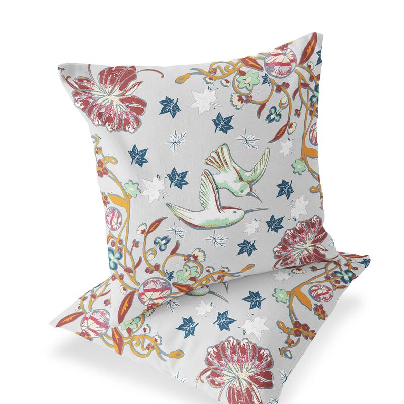 HomeRoots Set of Two 16" X 16" Gray and Blue Bird Blown Seam Floral Indoor Outdoor Throw Pillow - 16.00' X '16.00' X '5.00