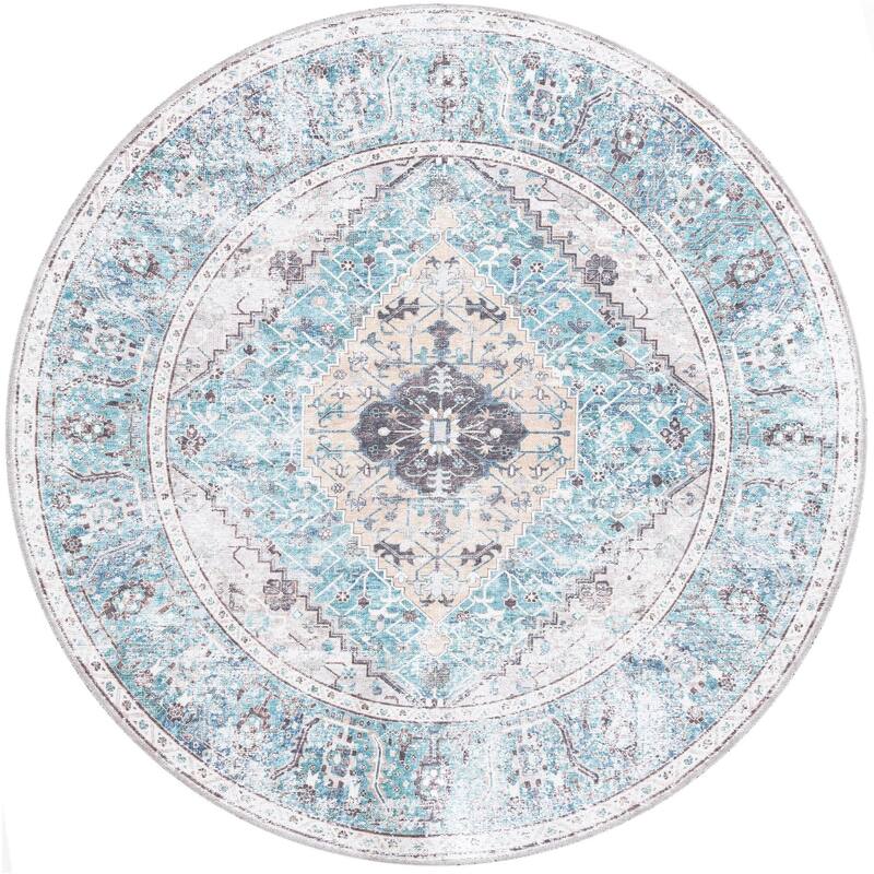 Traditional Tira Collection Area Rug - 6' Round - Seaglass