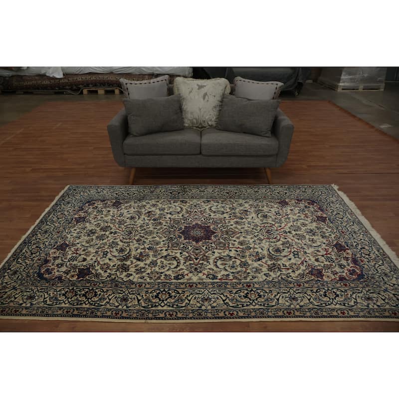 Hand Knotted Oriental Wool & Silk Carpet Traditional Floral Beige & Ivories Nain Area Rug - 8' 5'' X 5' 6''