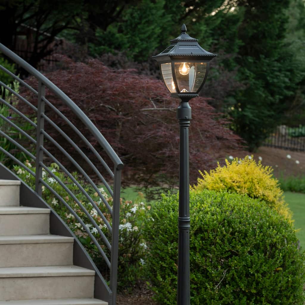 Pagoda Bulb 87 in. Black Solar Warm White LED Post Lantern and Pole