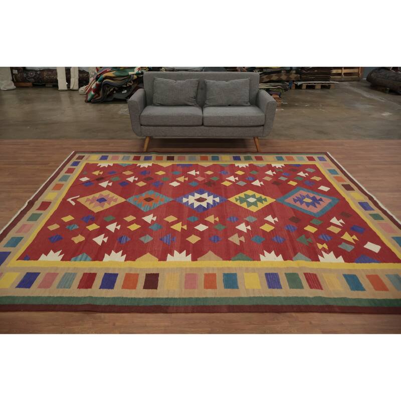 Hand Woven Oriental 100% Wool Carpet Southwestern Tribal Red Kilim Area Rug - 9' 10'' X 8' 3''