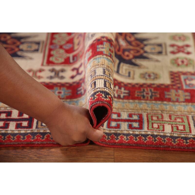 Geometric Beige Kazak Oriental Accent Rug Handmade Wool Carpet - 3'1"x 4'8"