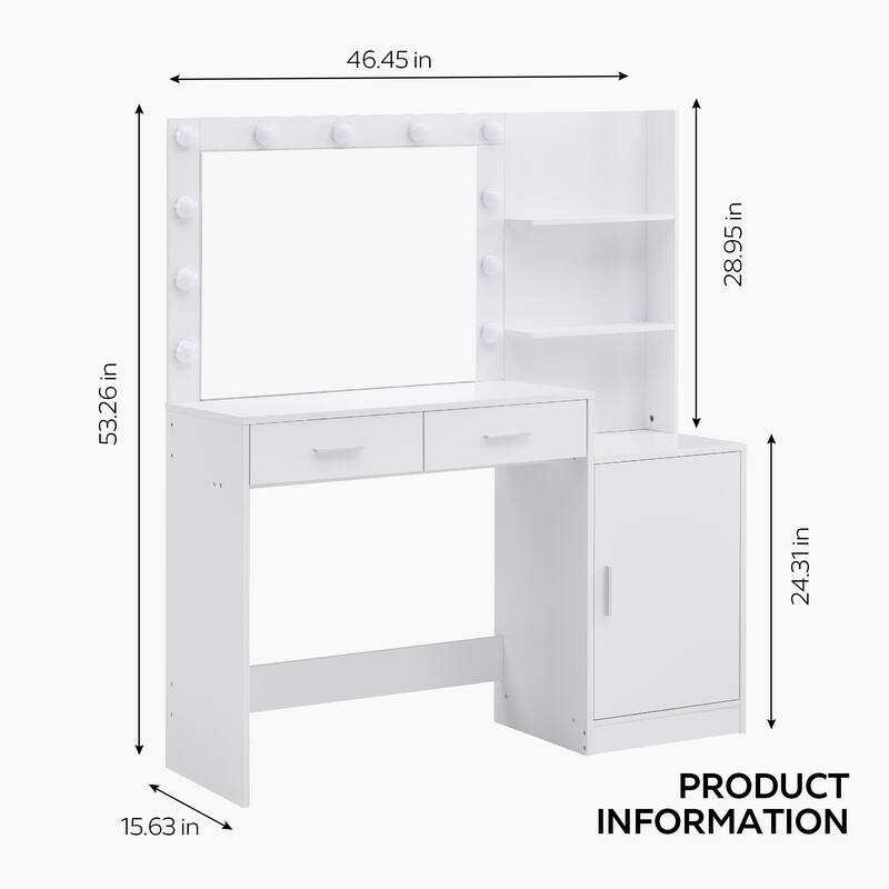 Vanity Desk with Mirror and Lights, Makeup Table with Drawer and Storage Shelves, Vanity Table Set with 3 Lighting Modes