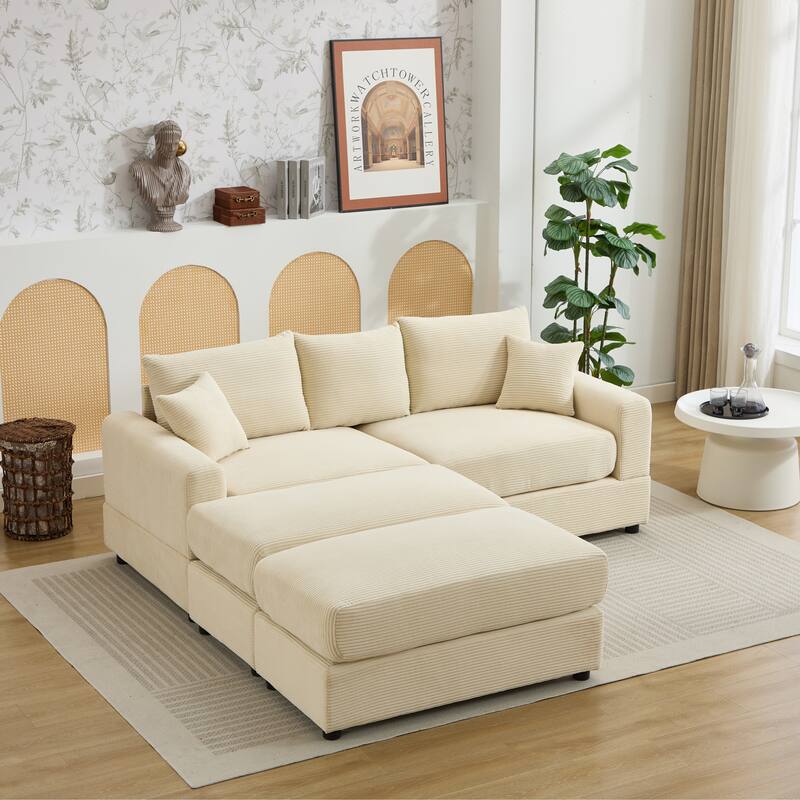 2 Pieces Corduroy Sectional Couch Covers with 2 Pillows, Beige