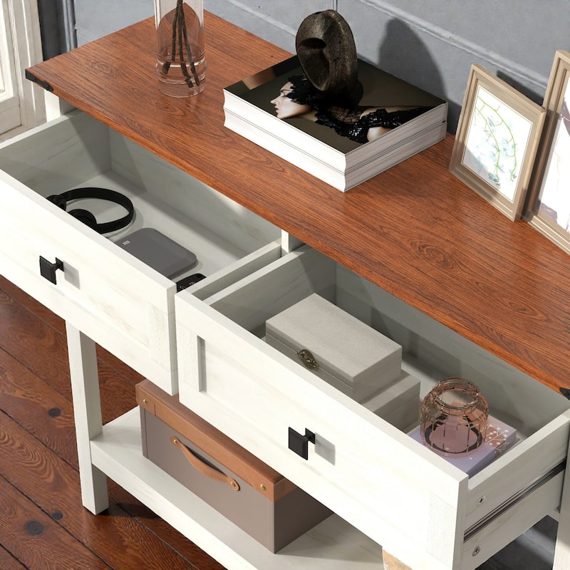 Farmhouse Console Table with 2 Drawers and Bottom Shelf, Rustic Entryway Table for Living Room and Hallway Storage