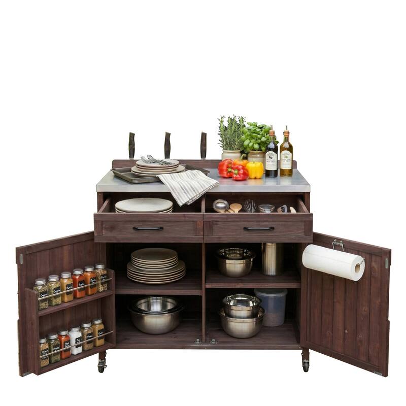 39.4" Outdoor Kitchen Island with Stainless Table Top, with One Large Drawer, Internal Storage Racks & 4 Wheels