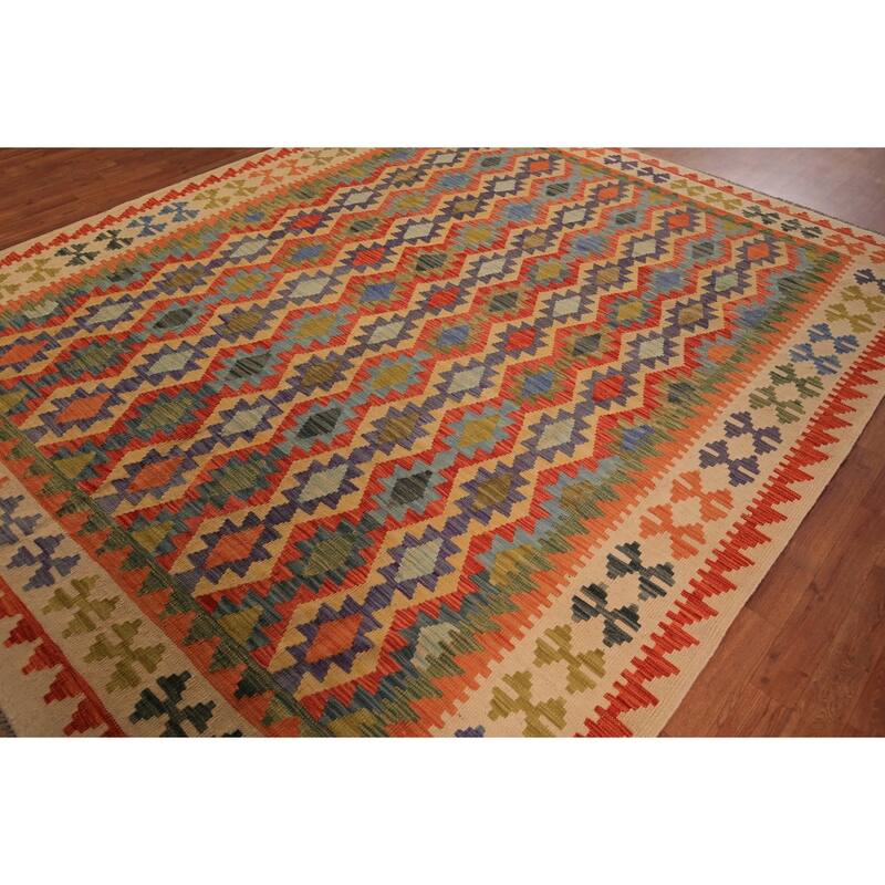 Kilim Oriental Area Rug Living Room Flatweave Wool Carpet - 8'2" x 9'8"