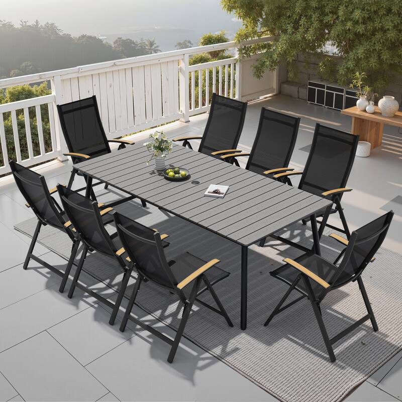 9-Piece Outdoor Patio Dining Set WPC Table Top Alumium Umbrella Hole Table with Folding Armrest Chairs