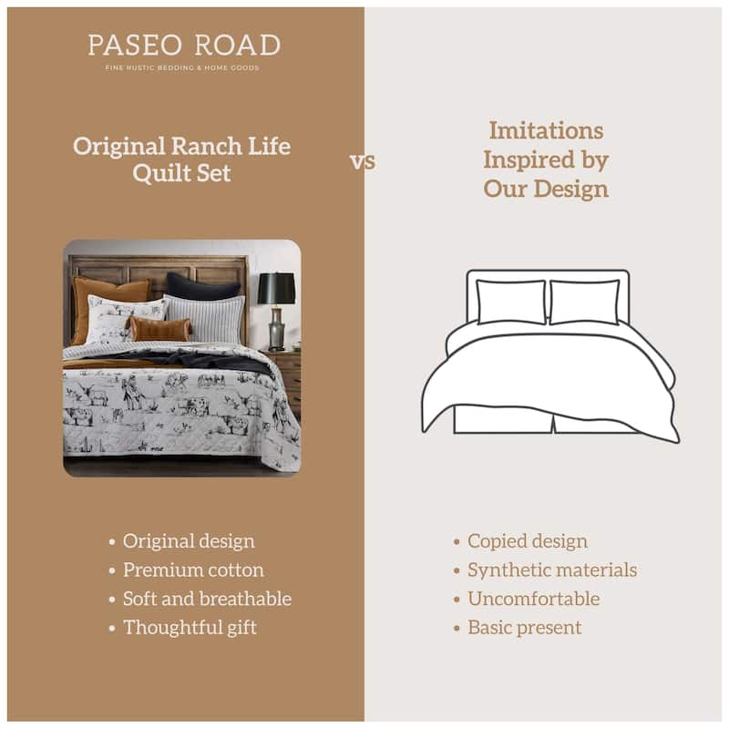 Paseo Road Ranch Life Western Cowboy White/Black 100% Cotton Rustic Toile Western Bedding 3 Piece Reversible Quilt Set
