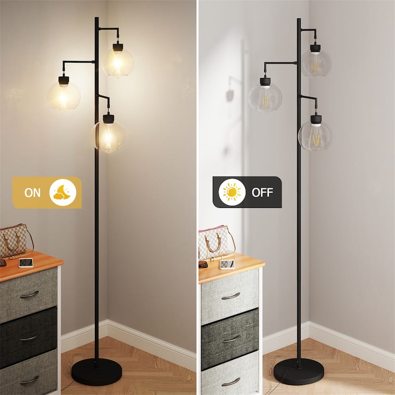 67" Tree-Shaped Living Room Floor Lamp with 3 Lights, Glass Lampshade and Foot Switch
