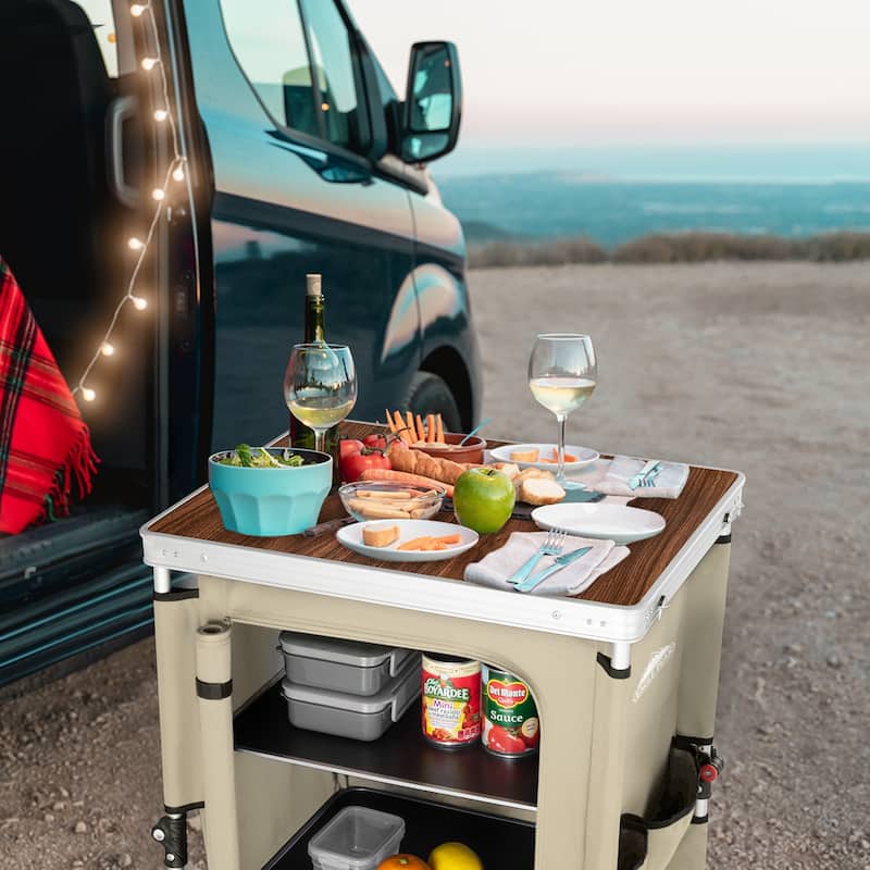 EAGLE PEAK Outdoor Folding Camping Table Easy Set Up Portable Aluminum Camping Kitchen, Beige