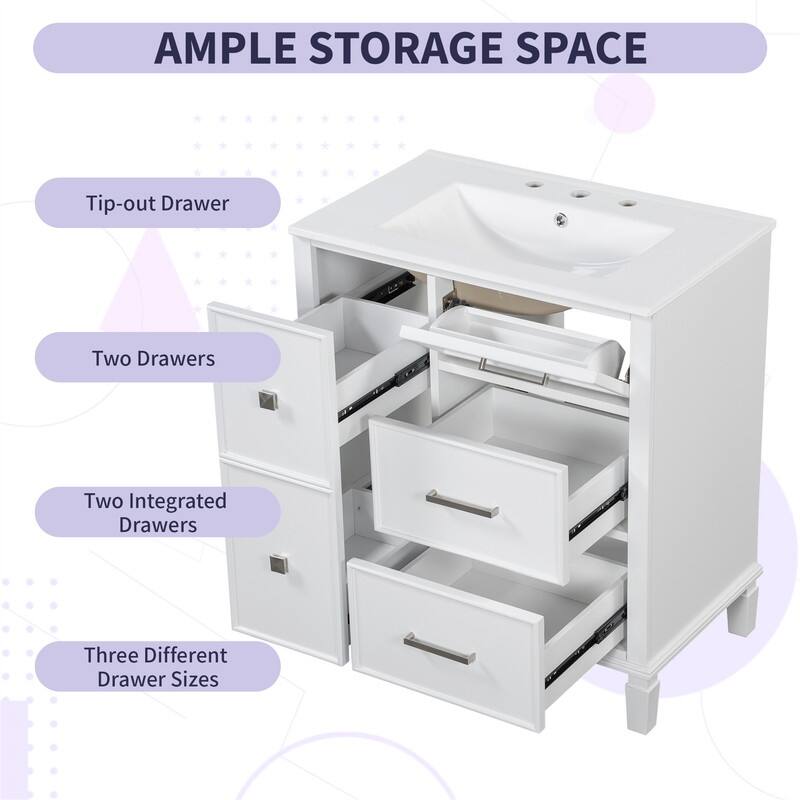 30'' Bathroom Vanity with Ceramic Sink, Freestanding Bathroom Vanity Cabinet with 3 Soft Close Drawers and 1 Flip-Out Drawer