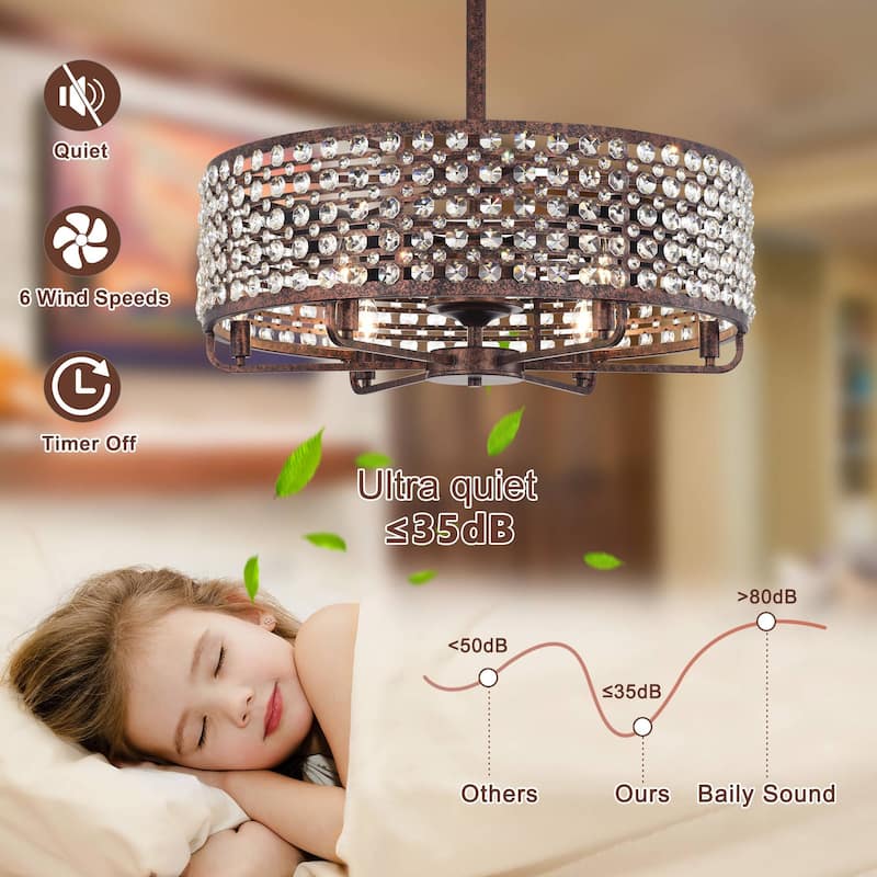 Cusp Barn 26 Inch Farmhouse Cage Crystal Ceiling Fan with Light, Antique Copper Reversible 6-Speed Ceiling Fan Light with Remote