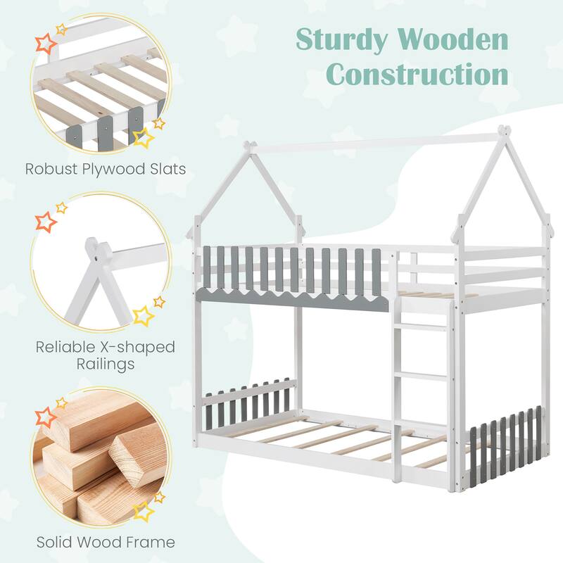 Gymax Twin Over Twin Bunk Bed w/ Fence & Ladder Solid Wood Floor Bunk