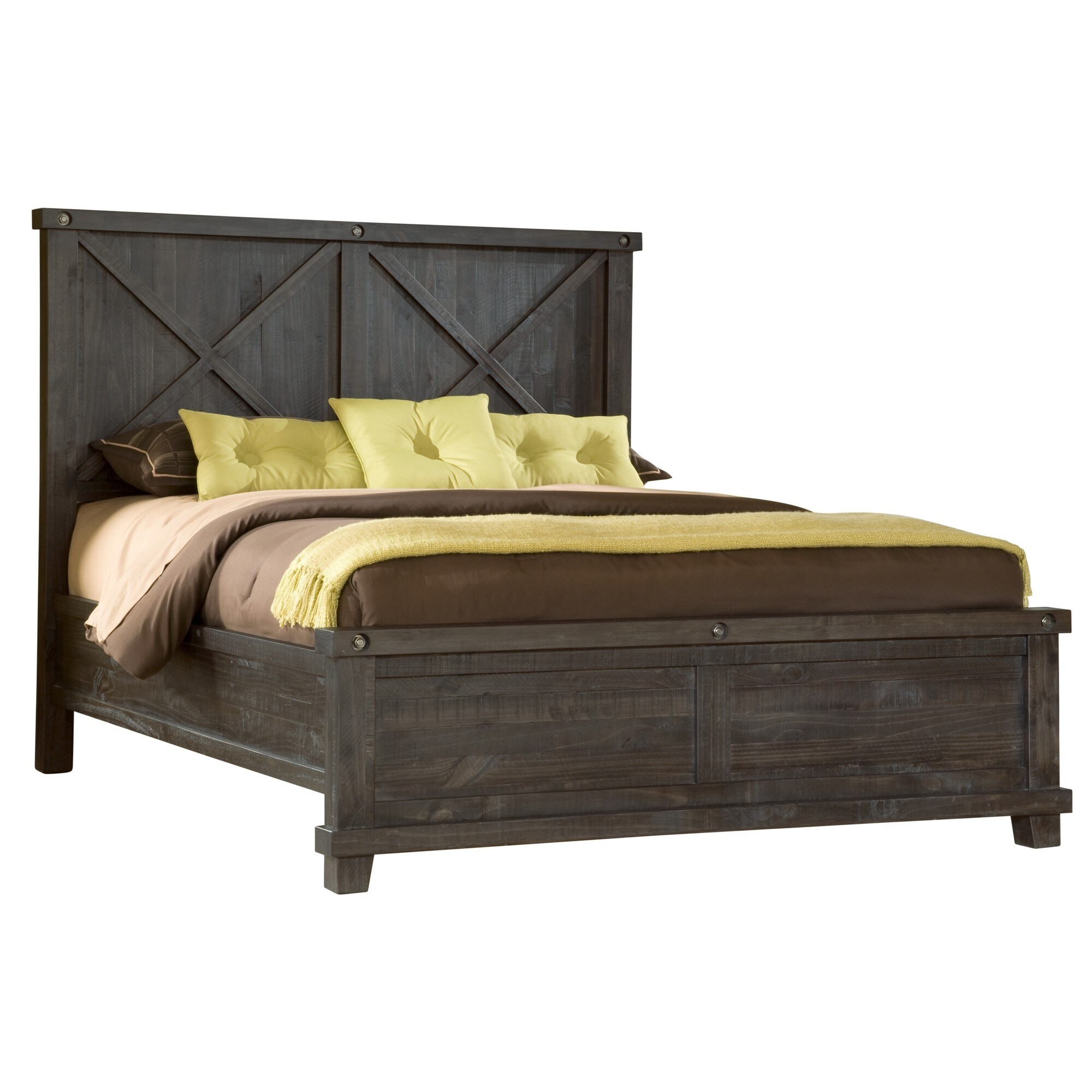 Liu Full Size Bed, Farmhouse Crossed Wood Panel Headboard, Dark Gray Finish