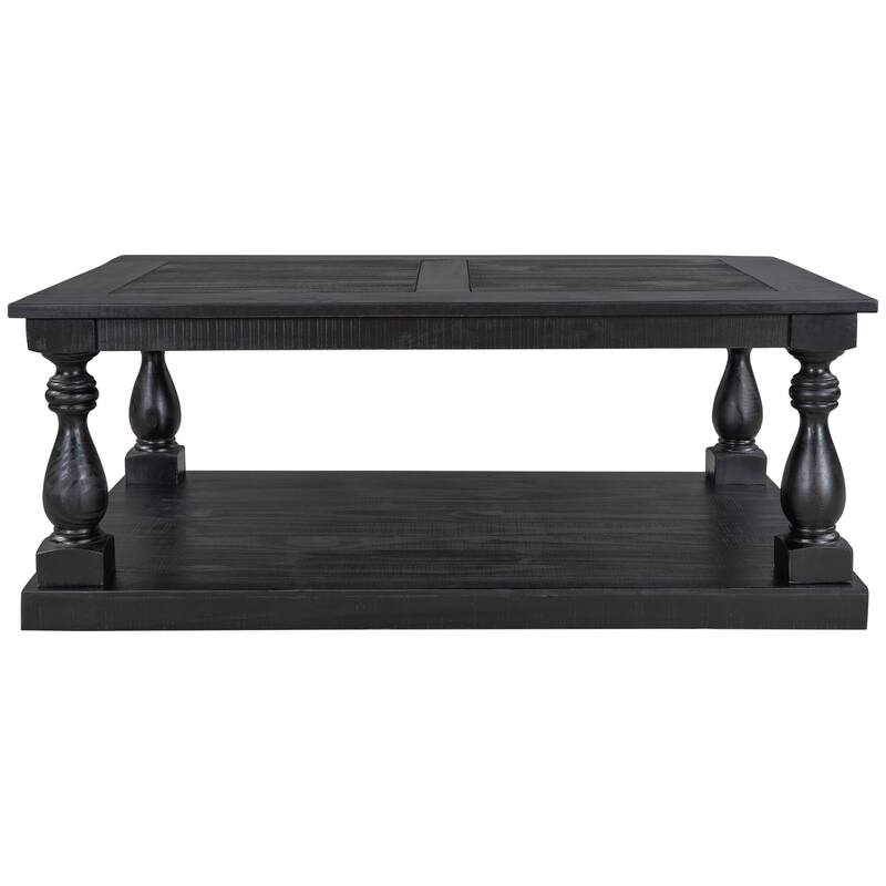 Rustic Solid Wood Floor Shelf Coffee Table with Storage - Black