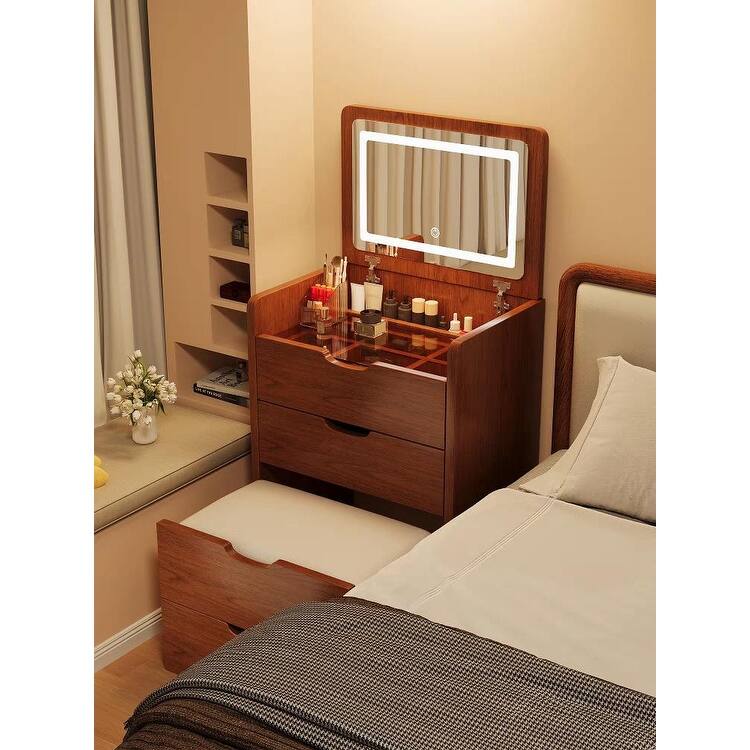 3 in 1 Vanity Desk with Plip Top Mirror,Small Make Up Vanity Set with Visible Glass Desktop, Compact Dressing Table